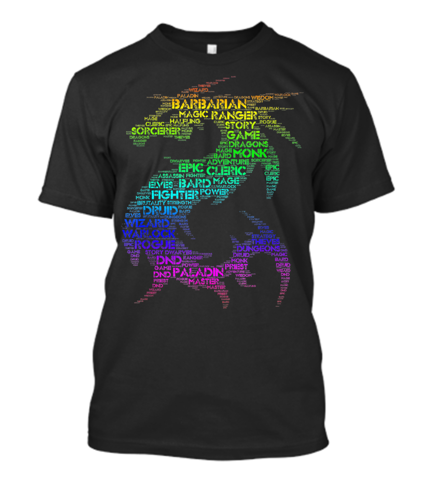 DND Rainbow Dragon Word Art With Barbarian Wizard Rogue Paladin T-Shirt