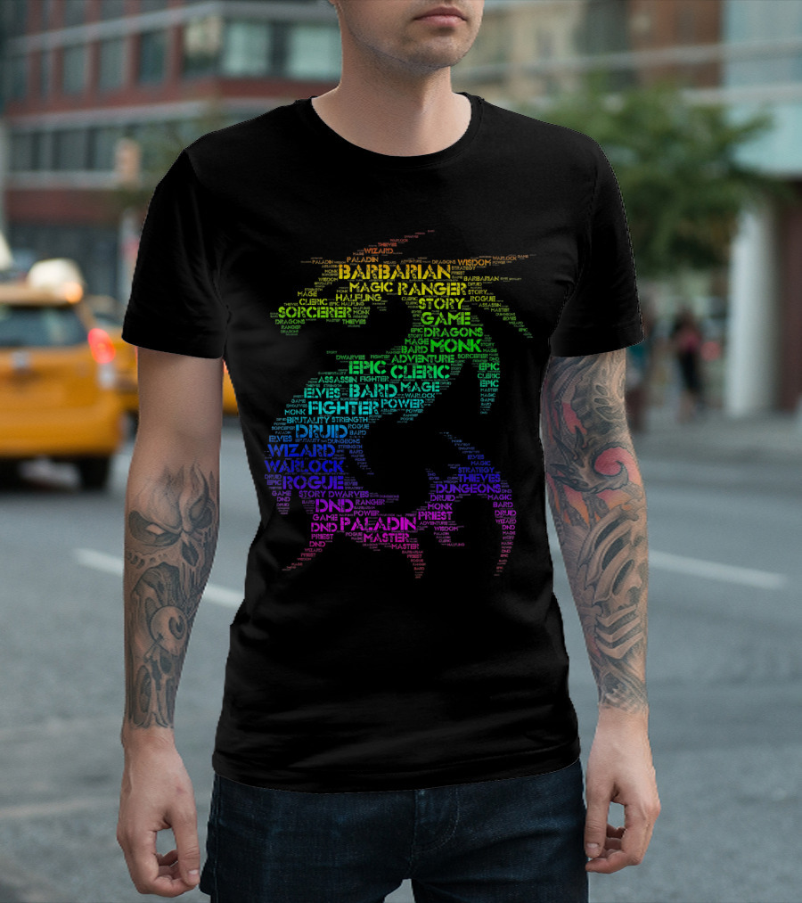 DND Rainbow Dragon Word Art With Barbarian Wizard Rogue Paladin T-Shirt