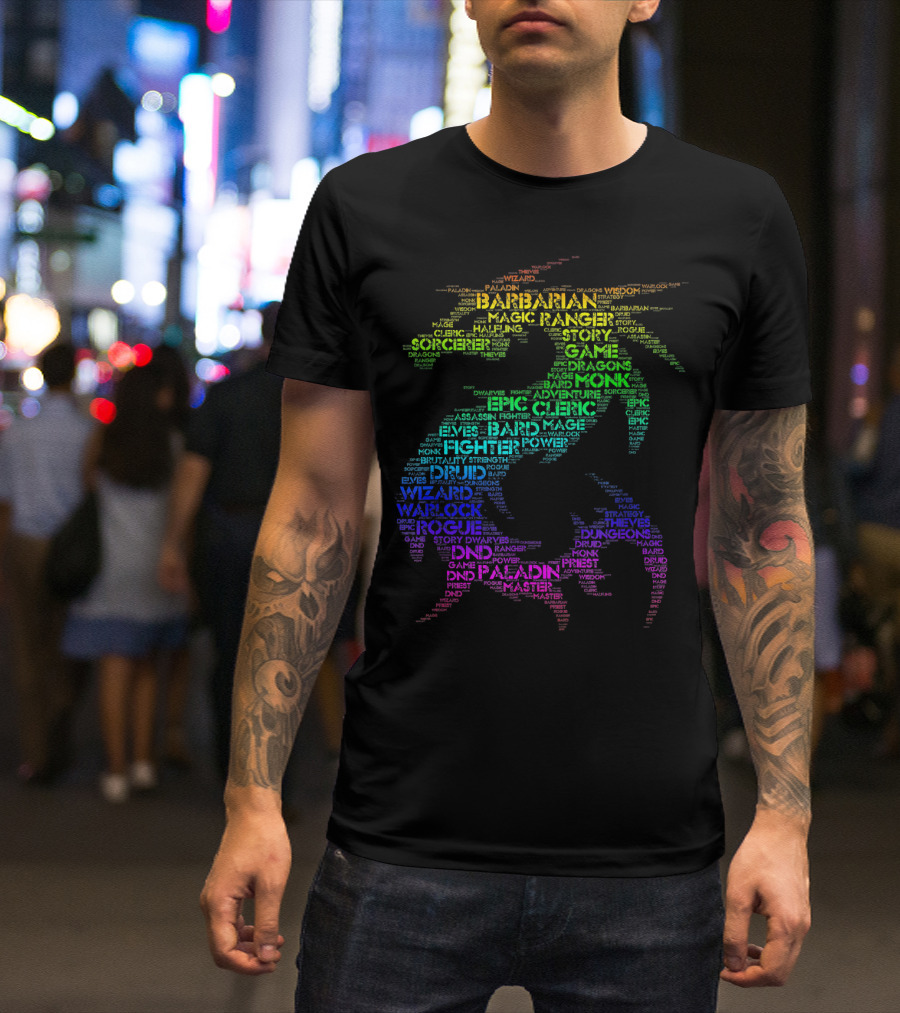 DND Rainbow Dragon Word Art With Barbarian Wizard Rogue Paladin T-Shirt