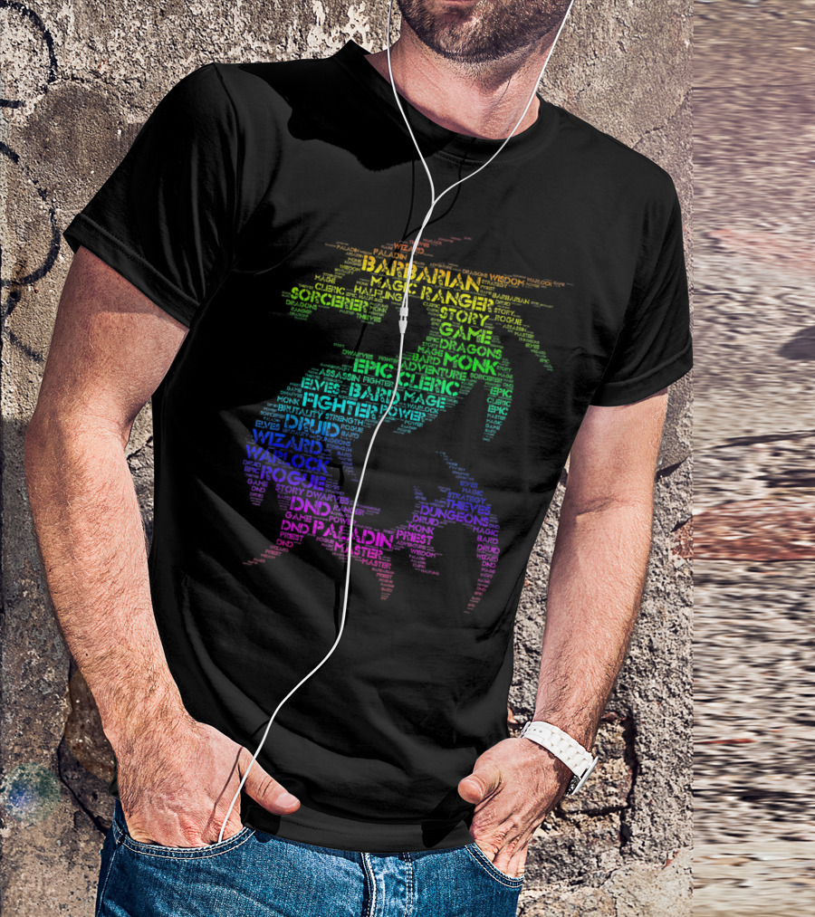 DND Rainbow Dragon Word Art With Barbarian Wizard Rogue Paladin T-Shirt