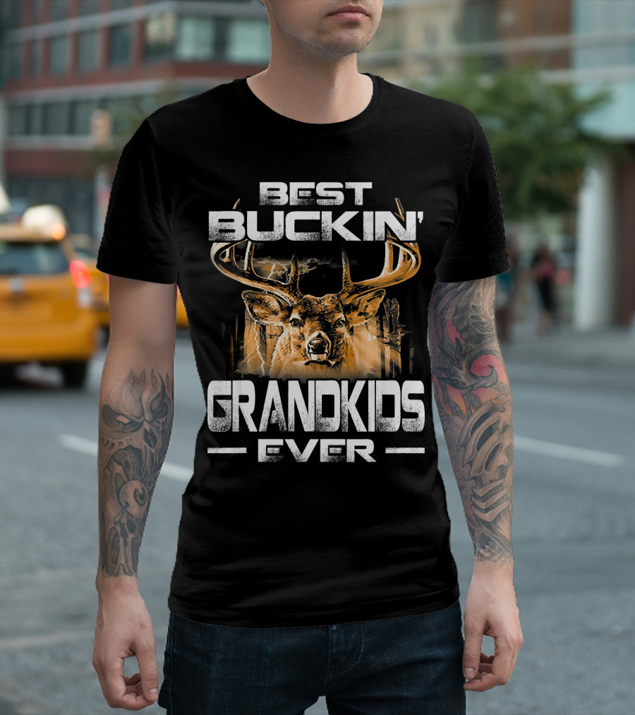 Best Buckin Grandkids Ever Deer Antlers Lightning Scene T-Shirt