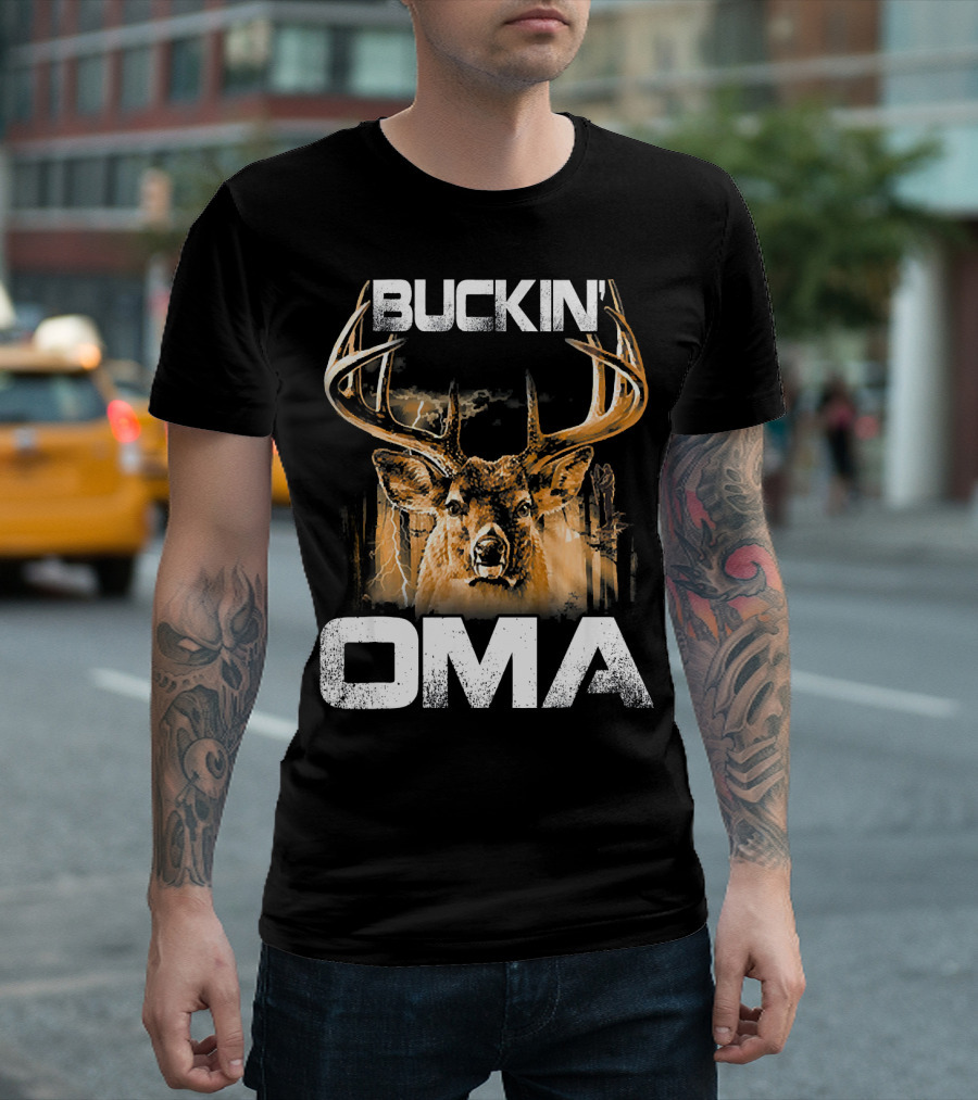 Buckin Oma Deer Hunting Bucking Stag Antlers And Lightning T-Shirt