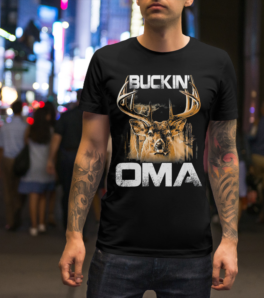 Buckin Oma Deer Hunting Bucking Stag Antlers And Lightning T-Shirt