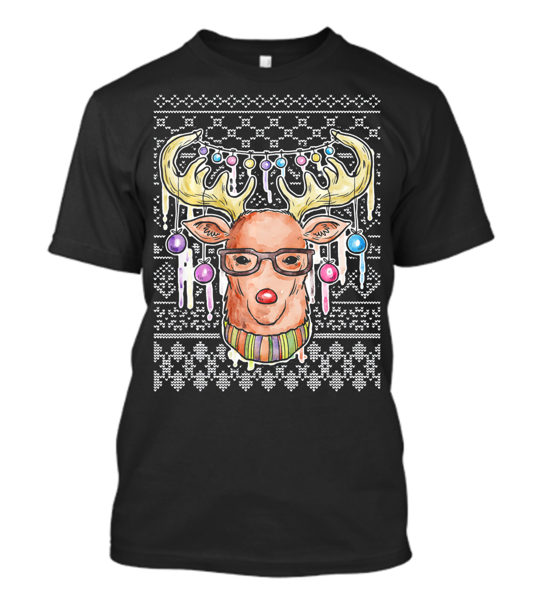 Funny Deer Ugly Christmas With Glasses And Santa Hat T-Shirt