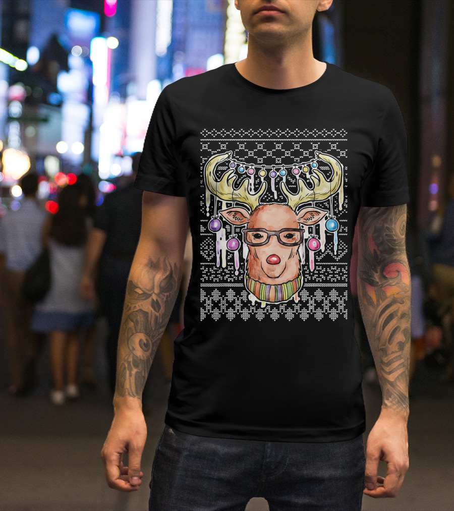 Funny Deer Ugly Christmas With Glasses And Santa Hat T-Shirt