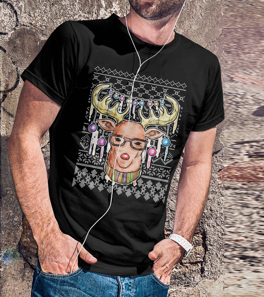 Funny Deer Ugly Christmas With Glasses And Santa Hat T-Shirt