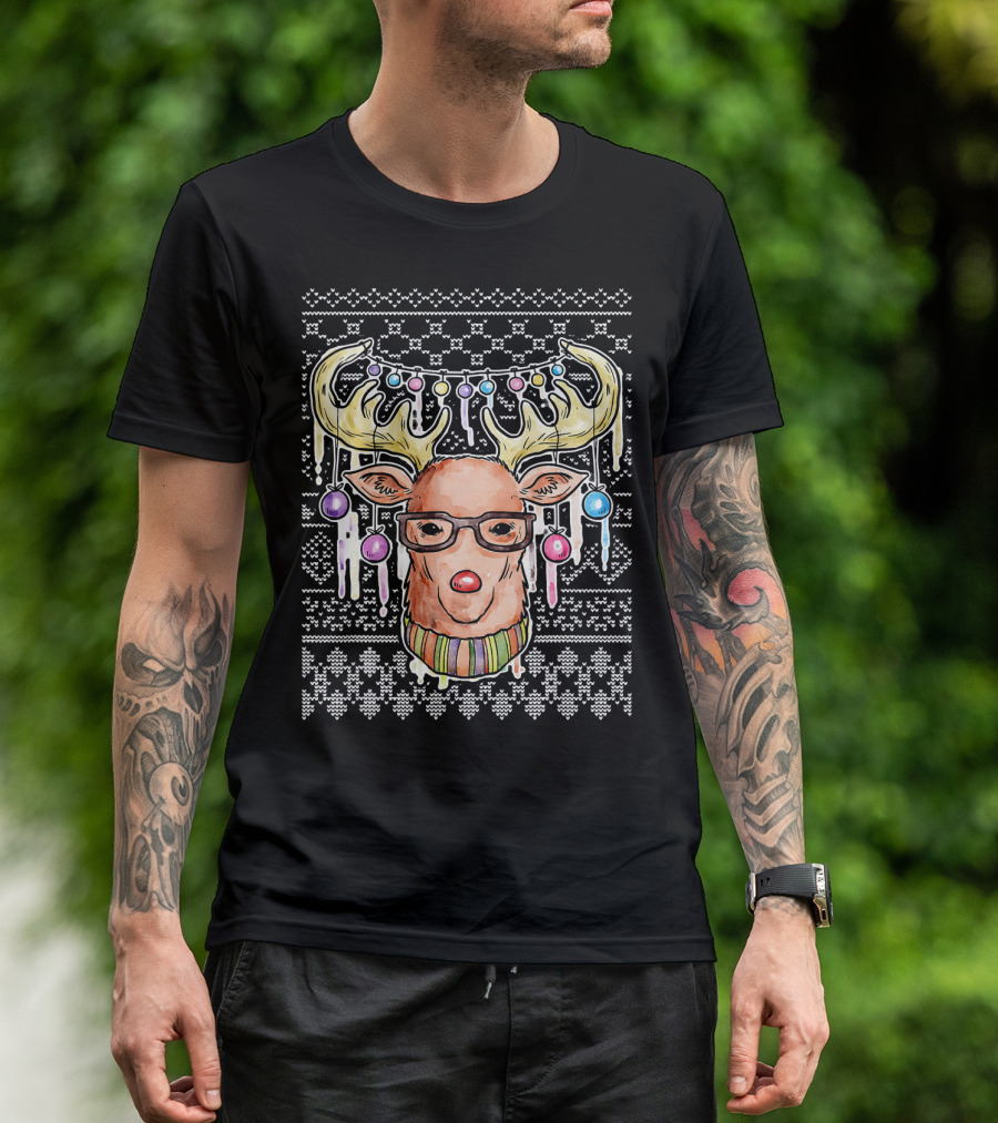 Funny Deer Ugly Christmas With Glasses And Santa Hat T-Shirt