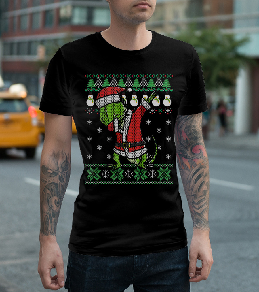 Christmas Dabbing Iguana Santa Claus Ugly Sweater Snowmen Trees T-Shirt