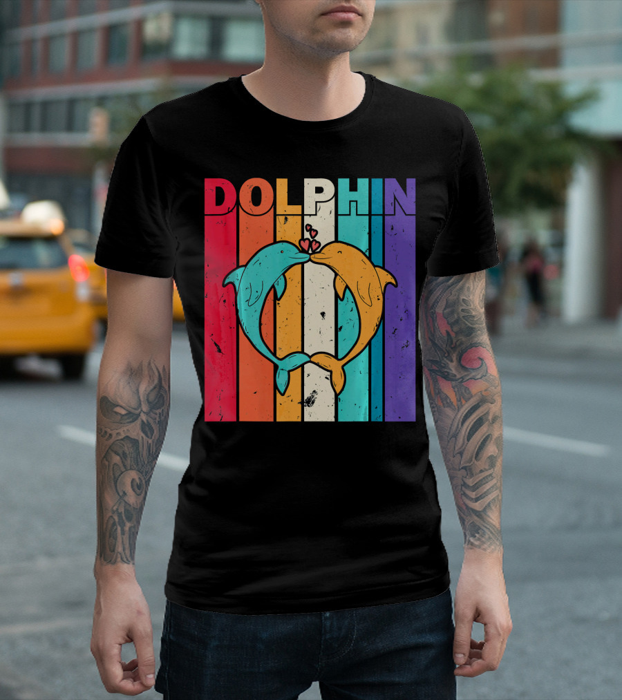 Dolphin Love Colorful Beach Stripes T-Shirt