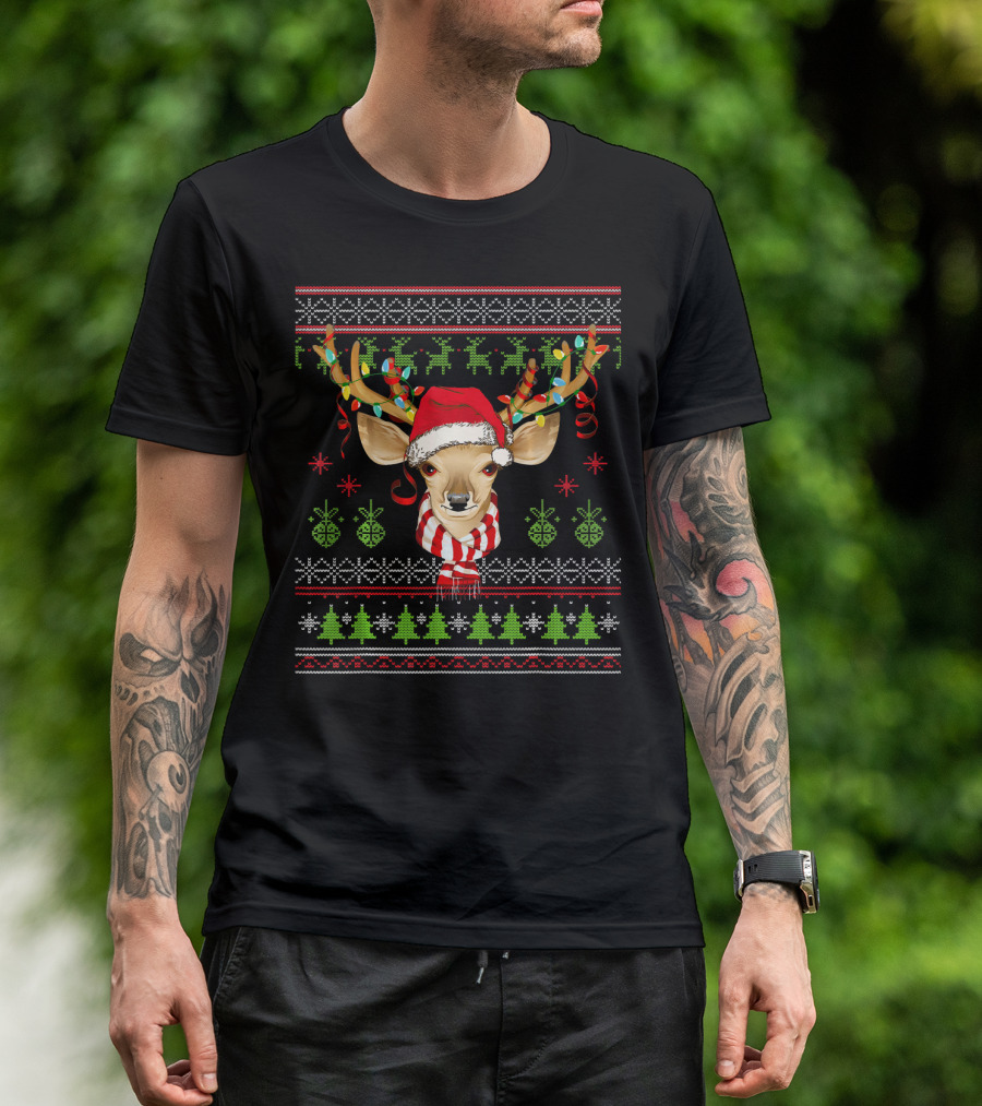 Deer Reindeer Santa Hat Ugly Christmas Lights Festive T-Shirt