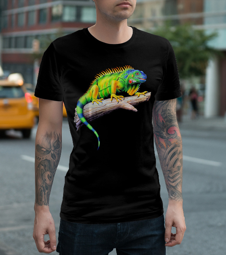Vibrant Multicolored Iguana on Log T-Shirt
