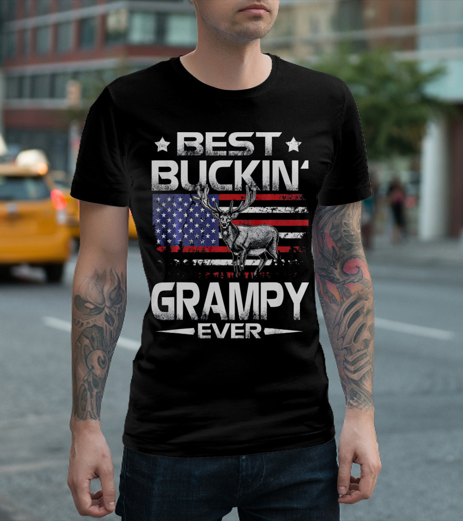 Best Buckin' Grampy Ever Deer Hunting American Flag Stars Buck T-Shirt