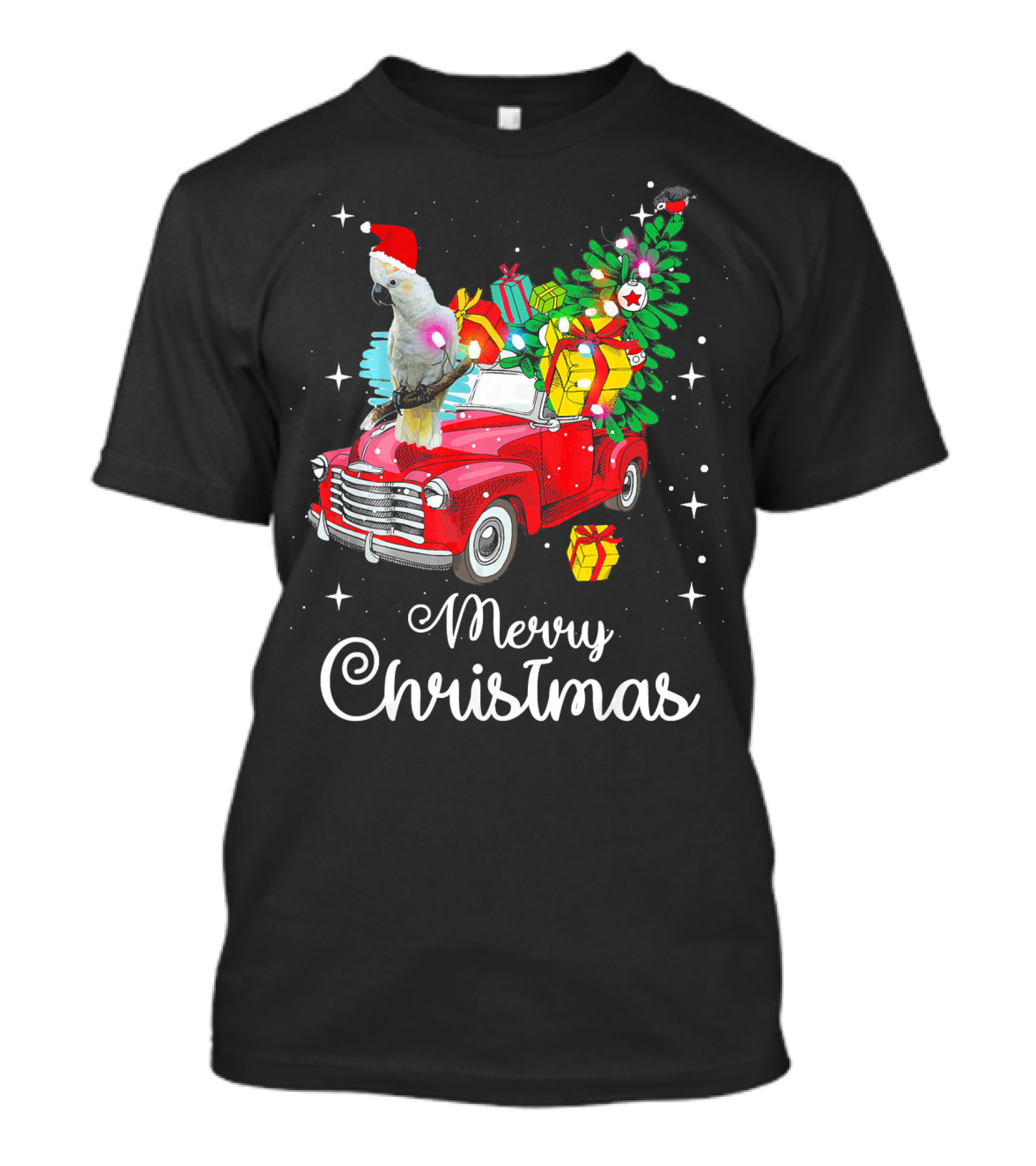 Merry Christmas Cockatoo Bird On Red Truck With Gifts And Tree T-Shirt