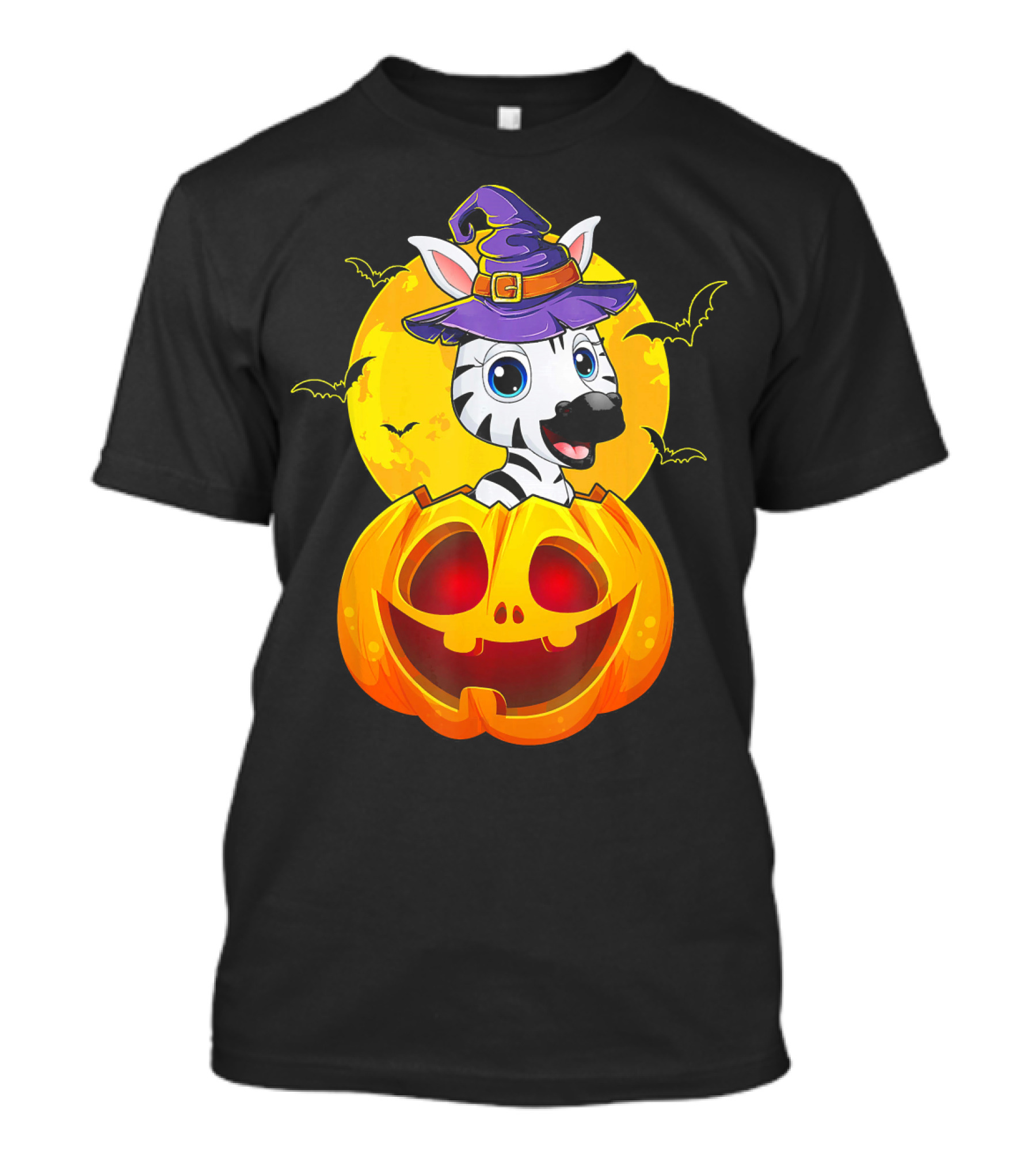 Zebra Witch Hat In Jack O Lantern With Moon And Bats T-Shirt