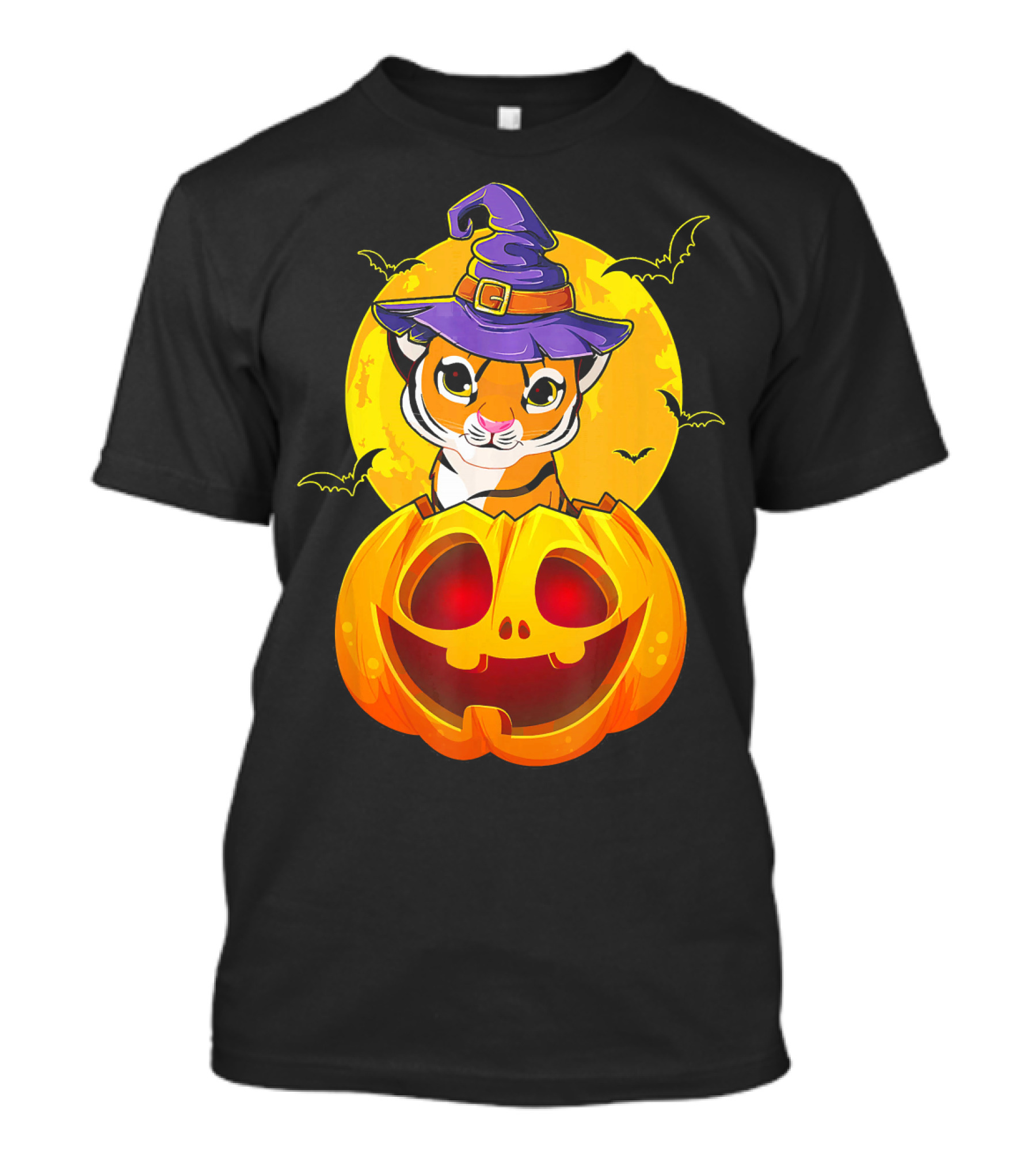 Cute Tiger In Witch Hat Inside Jack O Lantern With Halloween Moon And Bats T-Shirt