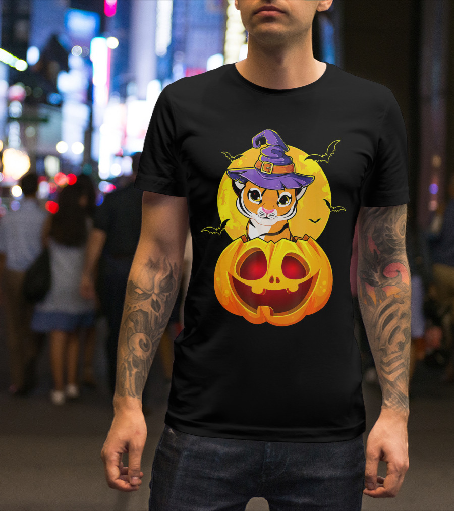 Cute Tiger In Witch Hat Inside Jack O Lantern With Halloween Moon And Bats T-Shirt