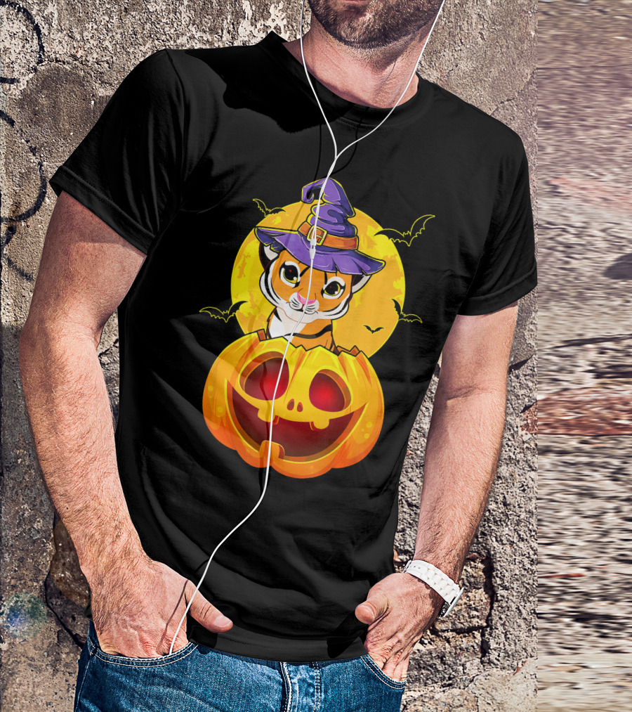 Cute Tiger In Witch Hat Inside Jack O Lantern With Halloween Moon And Bats T-Shirt