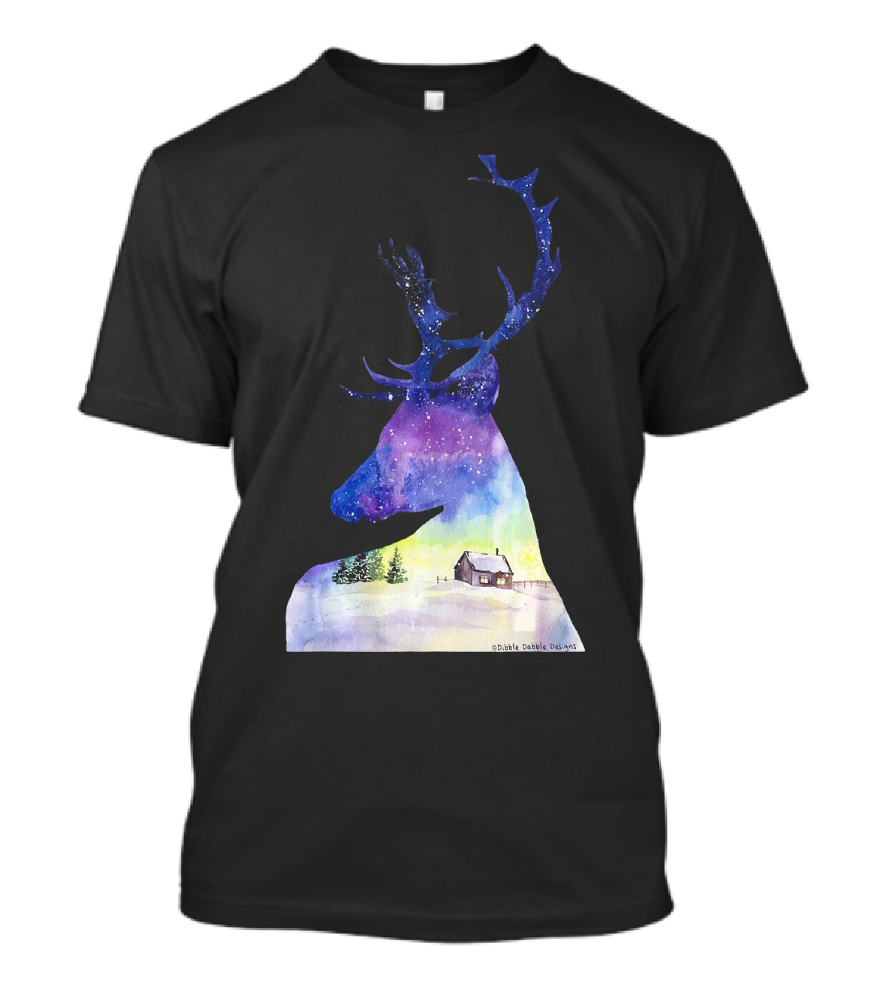 Beautiful Deer Winter Scene With Cabin And Snowy Landscape T-Shirt