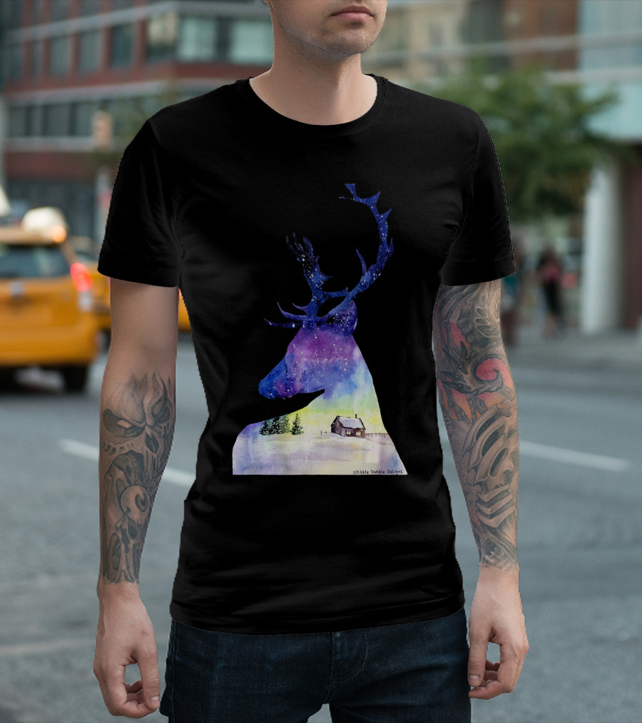 Beautiful Deer Winter Scene With Cabin And Snowy Landscape T-Shirt