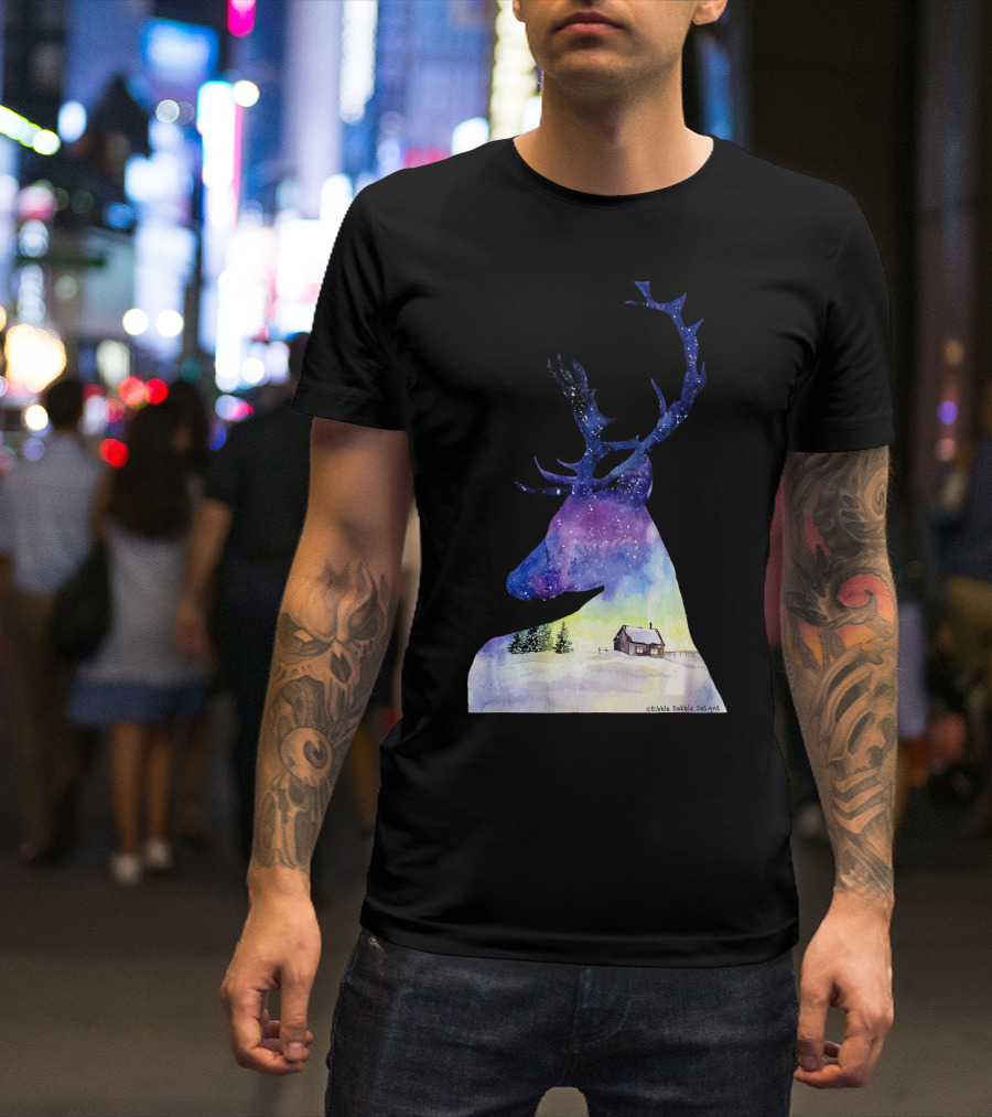 Beautiful Deer Winter Scene With Cabin And Snowy Landscape T-Shirt