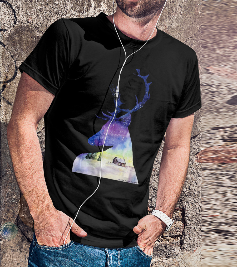 Beautiful Deer Winter Scene With Cabin And Snowy Landscape T-Shirt