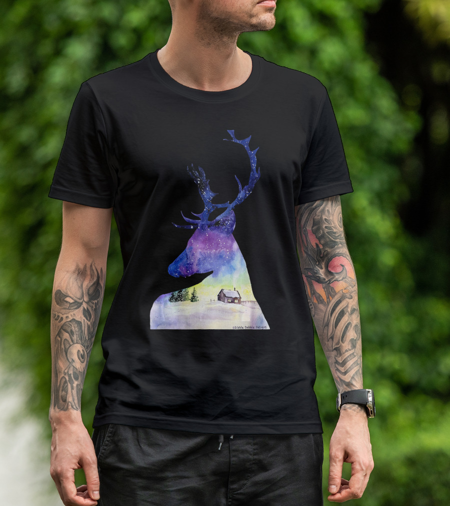 Beautiful Deer Winter Scene With Cabin And Snowy Landscape T-Shirt