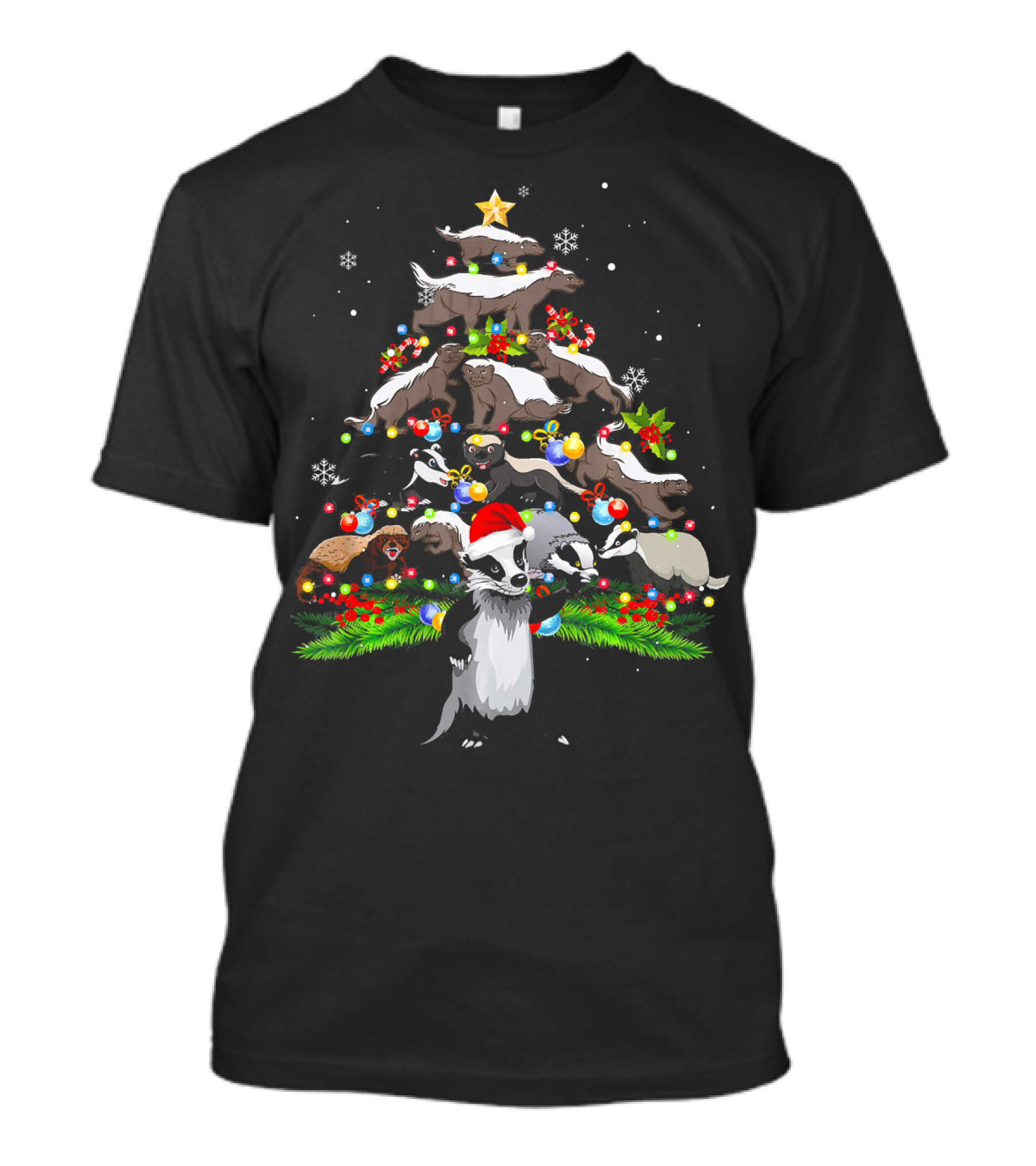 Christmas Honey Badger Tree With Lights And Santa Hat T-Shirt