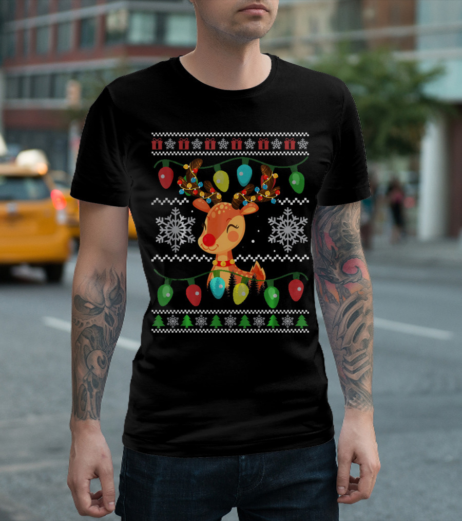Deer Ugly Christmas Sweater Style Santa Hat Snowflakes Holiday Lights T-Shirt