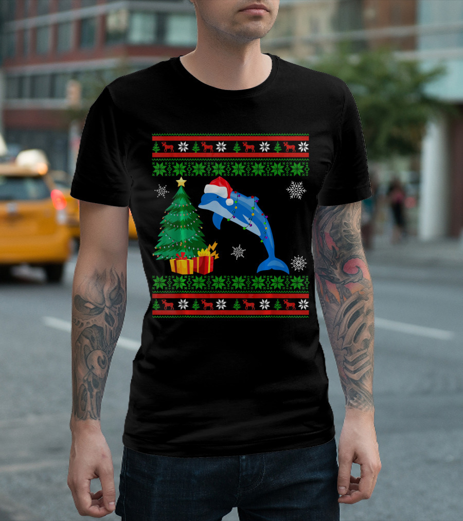 Dolphin Christmas Decorations with Tree and Santa Hat T-Shirt
