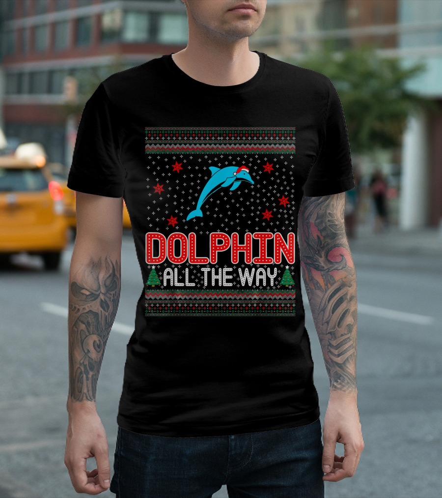 Dolphin All The Way Christmas Pattern Holiday Pet Lovers T-Shirt