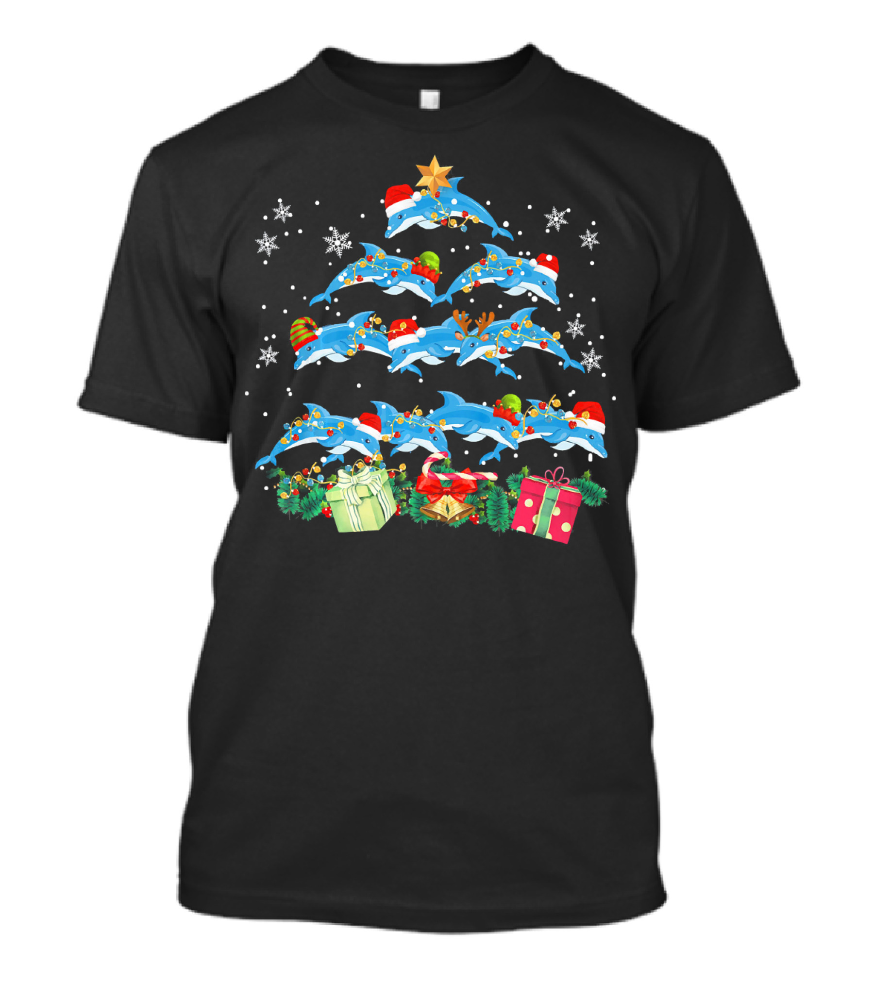Dolphin Christmas Tree With Santa Hats And Festive Lights At Holiday Season T-Shirt