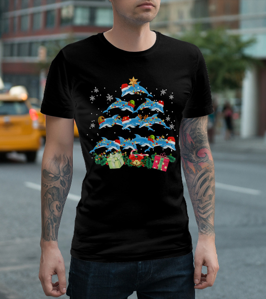 Dolphin Christmas Tree With Santa Hats And Festive Lights At Holiday Season T-Shirt