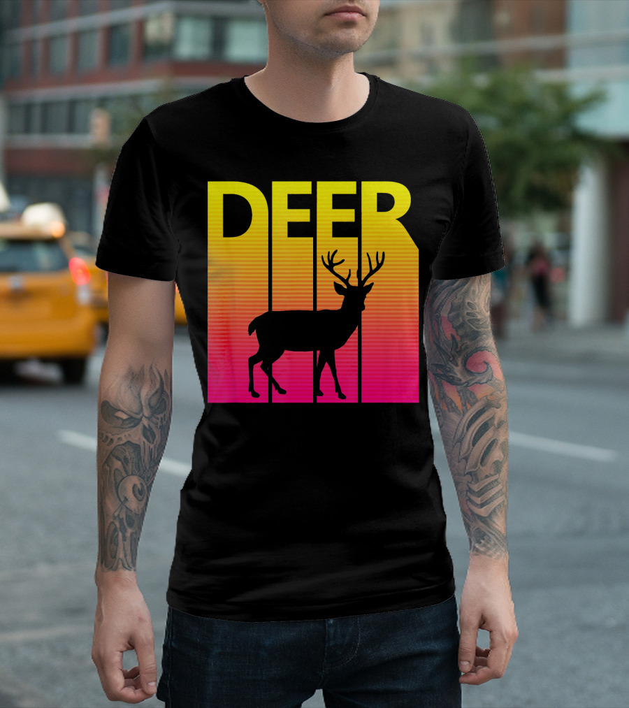 1980s Retro Deer Animal Lover Silhouette Neon Stripes T-Shirt