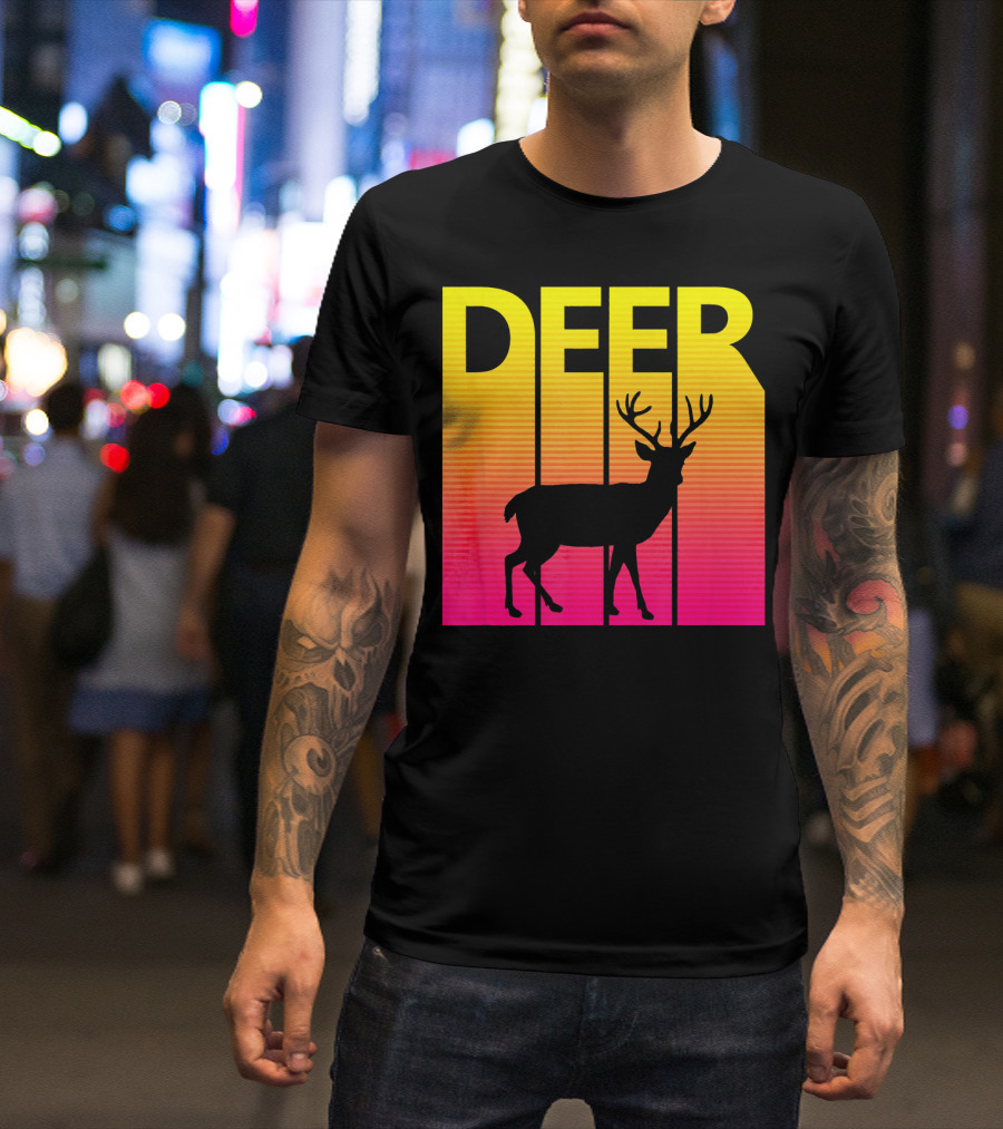 1980s Retro Deer Animal Lover Silhouette Neon Stripes T-Shirt