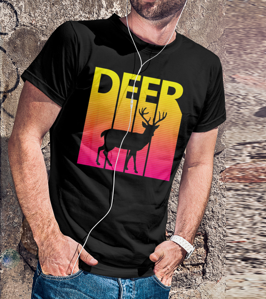1980s Retro Deer Animal Lover Silhouette Neon Stripes T-Shirt