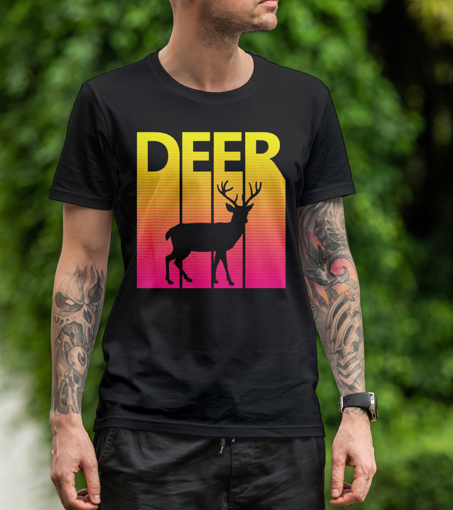 1980s Retro Deer Animal Lover Silhouette Neon Stripes T-Shirt