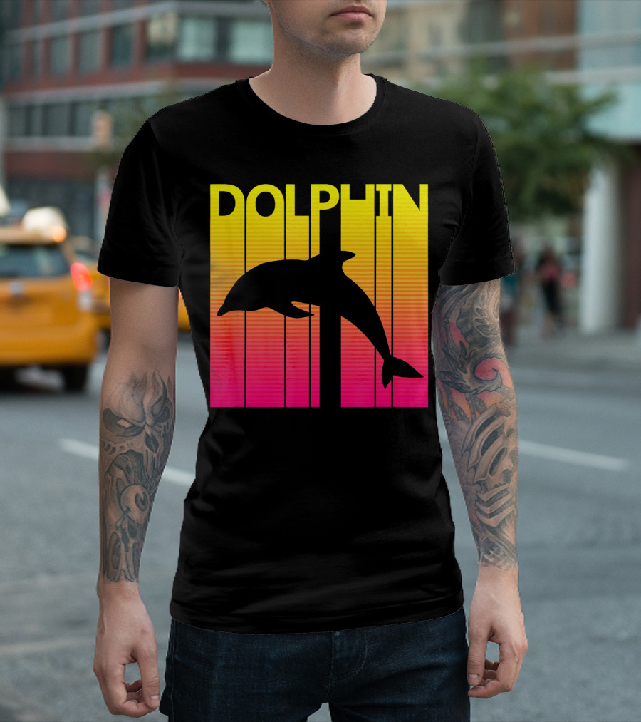 1980s Retro Dolphin Sunset Stripe Animal Lover T-Shirt