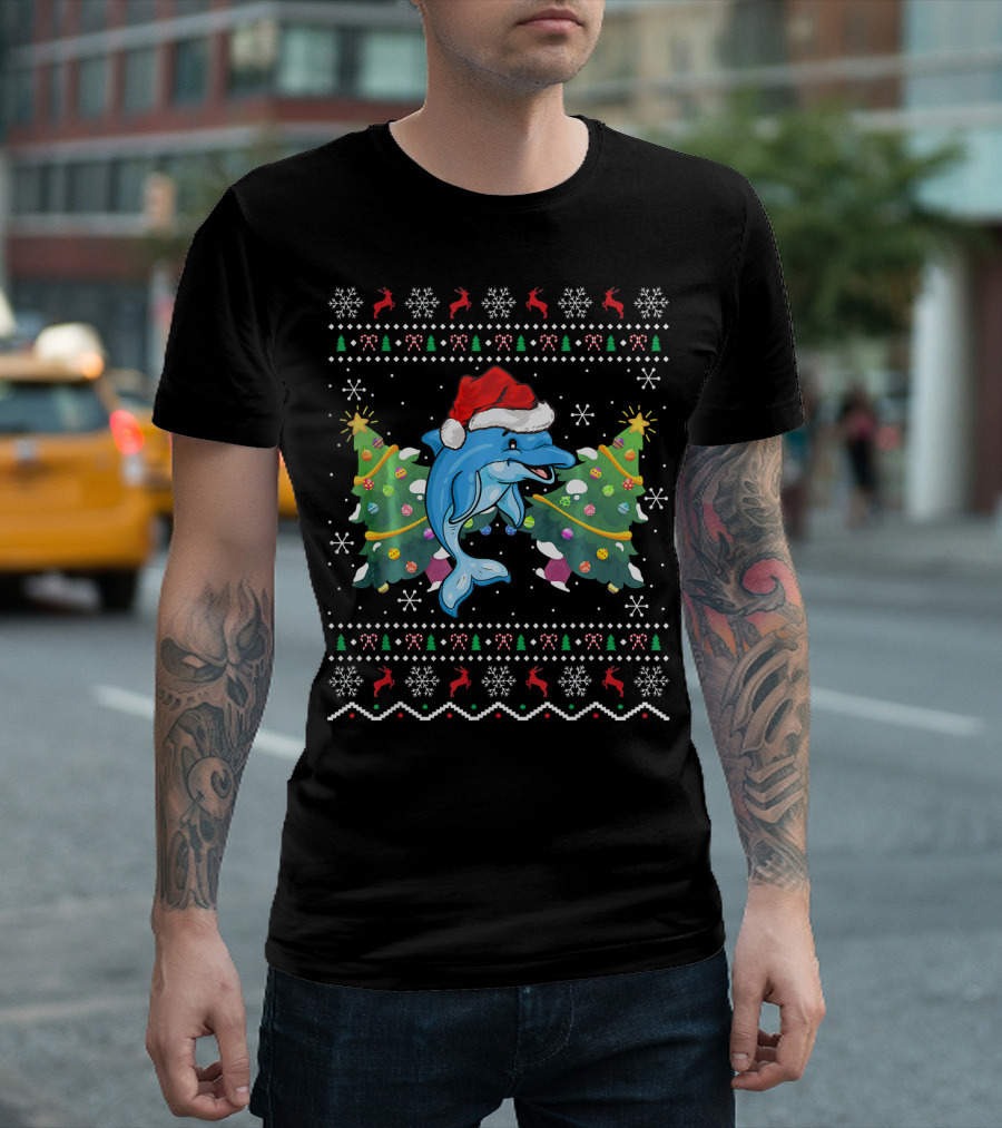 Dolphin Lover Xmas Ugly Dolphin Christmas Sweater Santa Trees Snowflakes T-Shirt