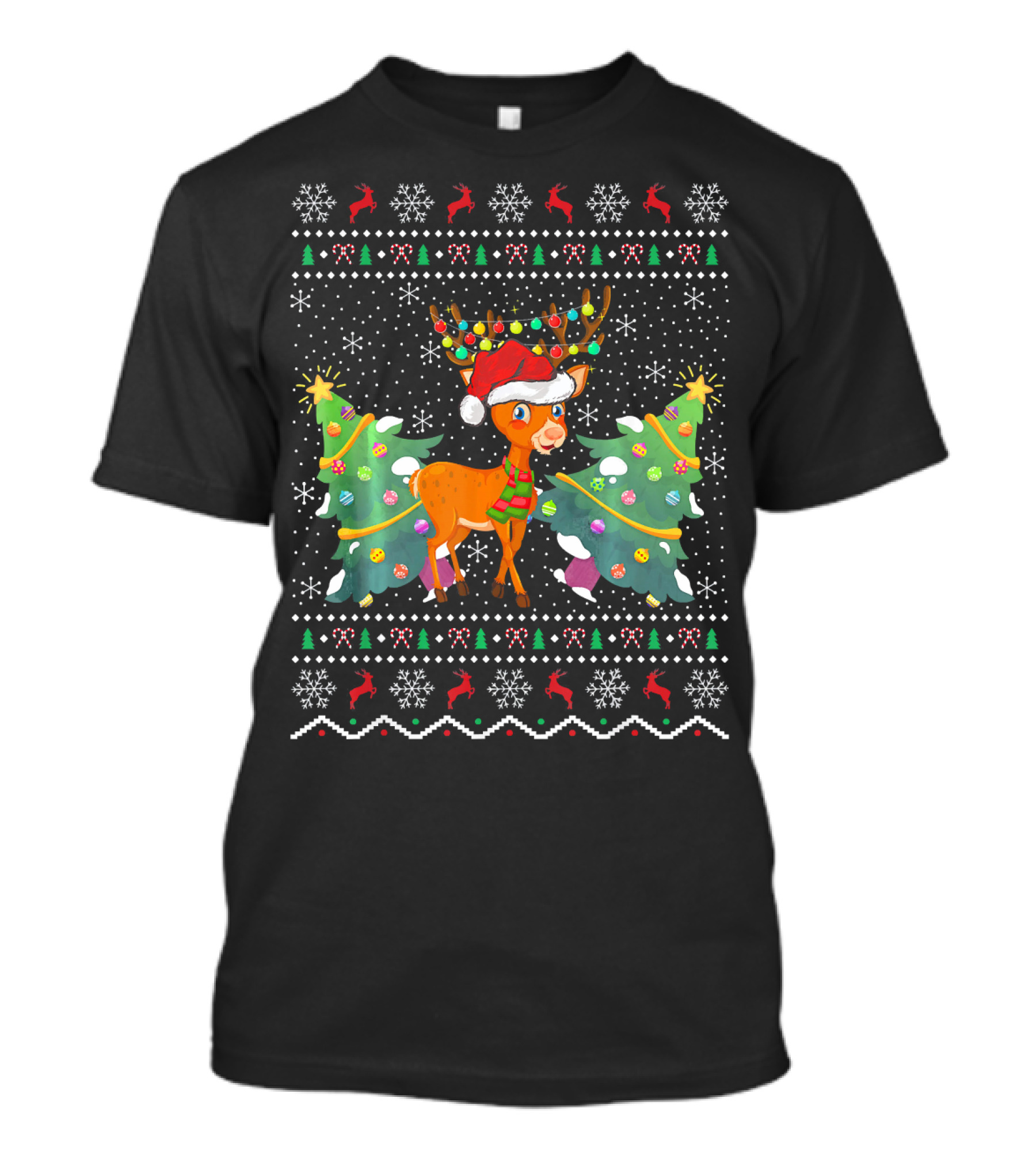 Deer Lover Xmas Ugly Deer Christmas Sweater Reindeer Tree Snowflake Lights T-Shirt