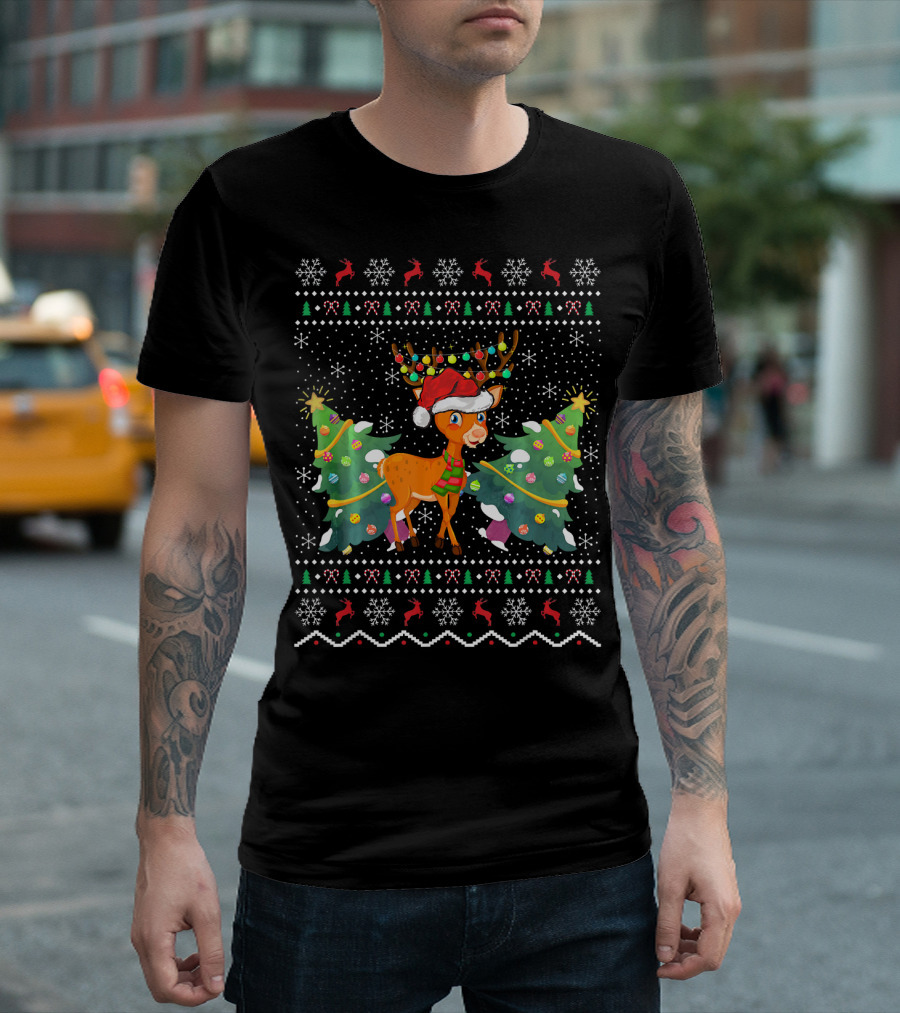 Deer Lover Xmas Ugly Deer Christmas Sweater Reindeer Tree Snowflake Lights T-Shirt
