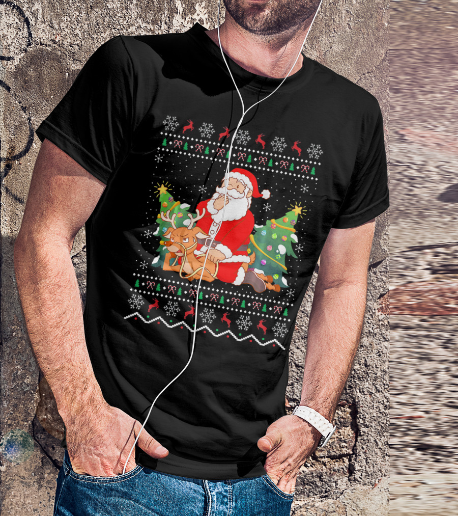 Deer Lover Santa Riding Reindeer Ugly Christmas T-Shirt