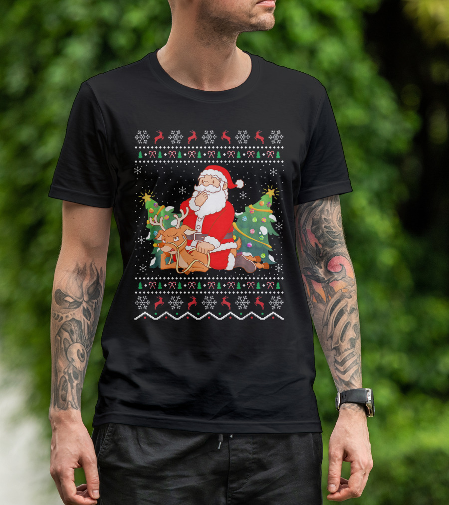 Deer Lover Santa Riding Reindeer Ugly Christmas T-Shirt
