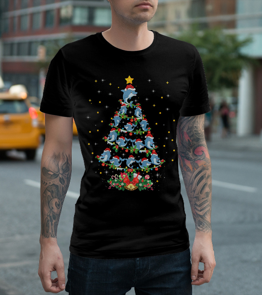 Dolphin Lover Xmas Matching Dolphin Christmas Tree with Santa Hats T-Shirt
