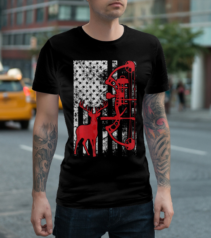 Bow Hunting Deer American Flag I Love Archery T-Shirt