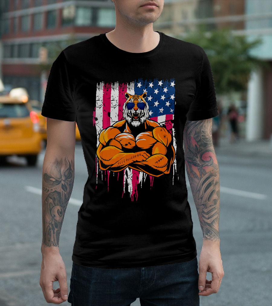 Boss Tiger Muscles Sunglasses American Flag T-Shirt