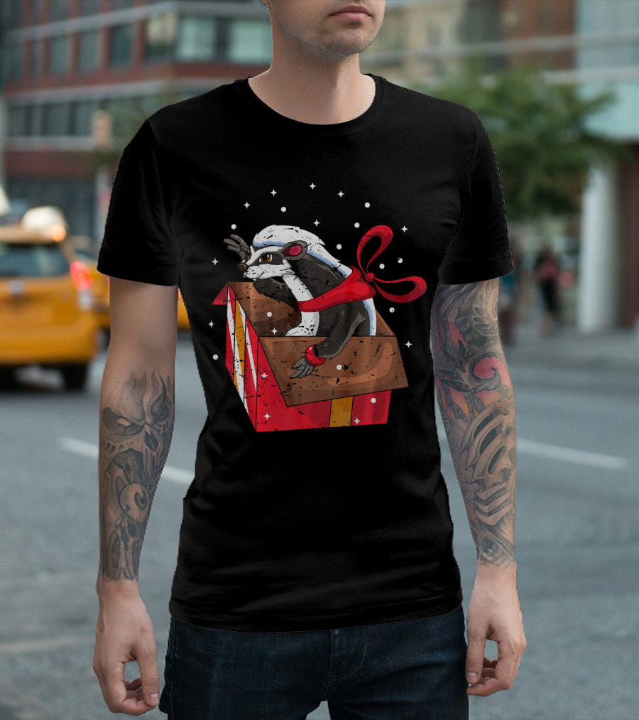 Christmas Honey Badger In Festive Gift Box With Snowflakes T-Shirt