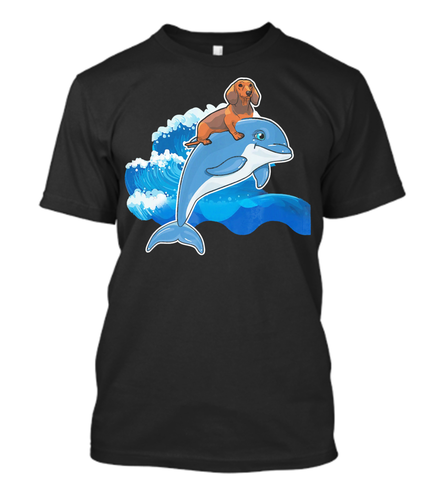 Dachshund Riding On A Dolphin Waving Through The Ocean T-Shirt