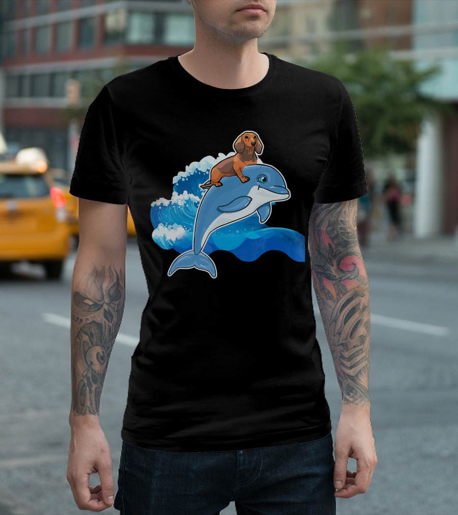 Dachshund Riding On A Dolphin Waving Through The Ocean T-Shirt