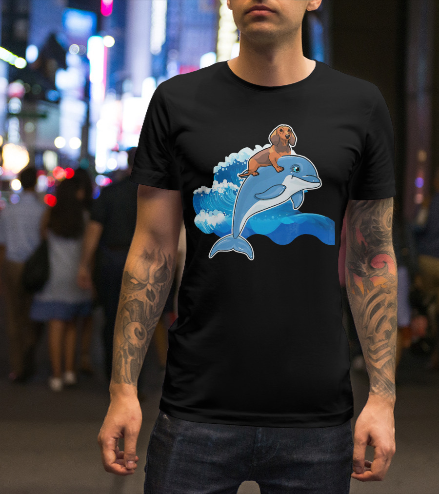 Dachshund Riding On A Dolphin Waving Through The Ocean T-Shirt