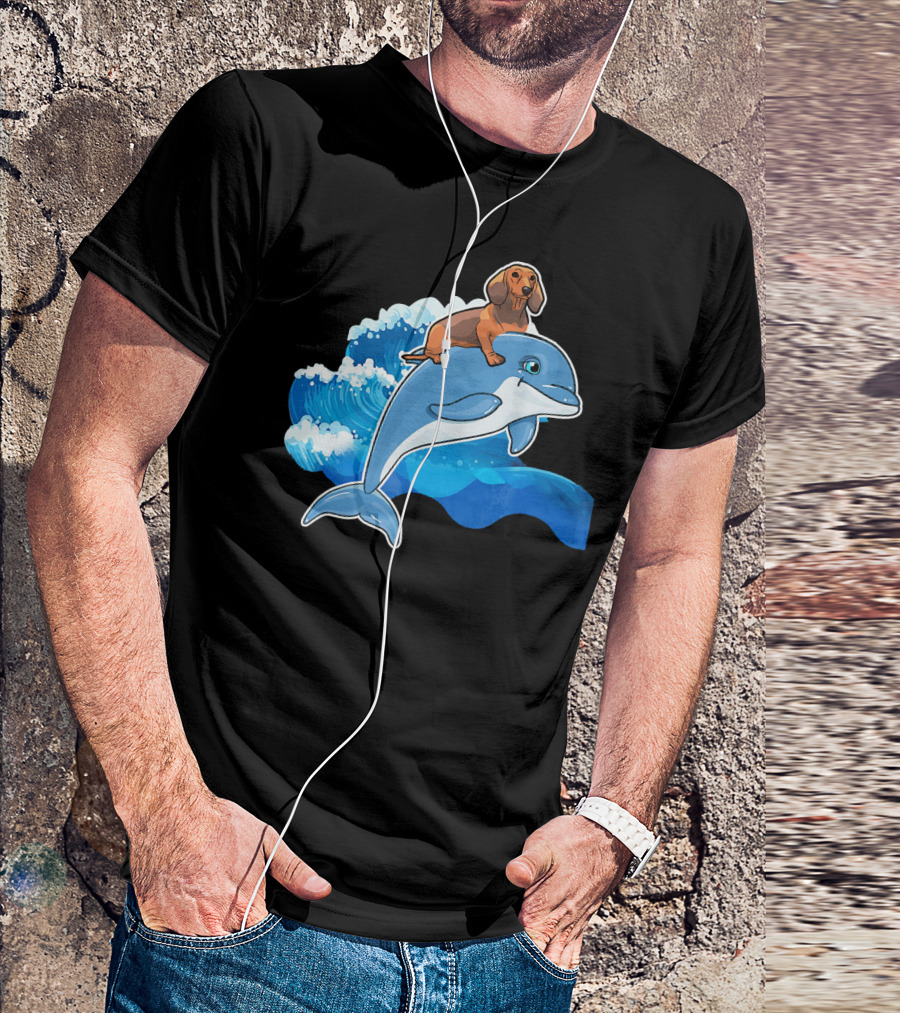 Dachshund Riding On A Dolphin Waving Through The Ocean T-Shirt